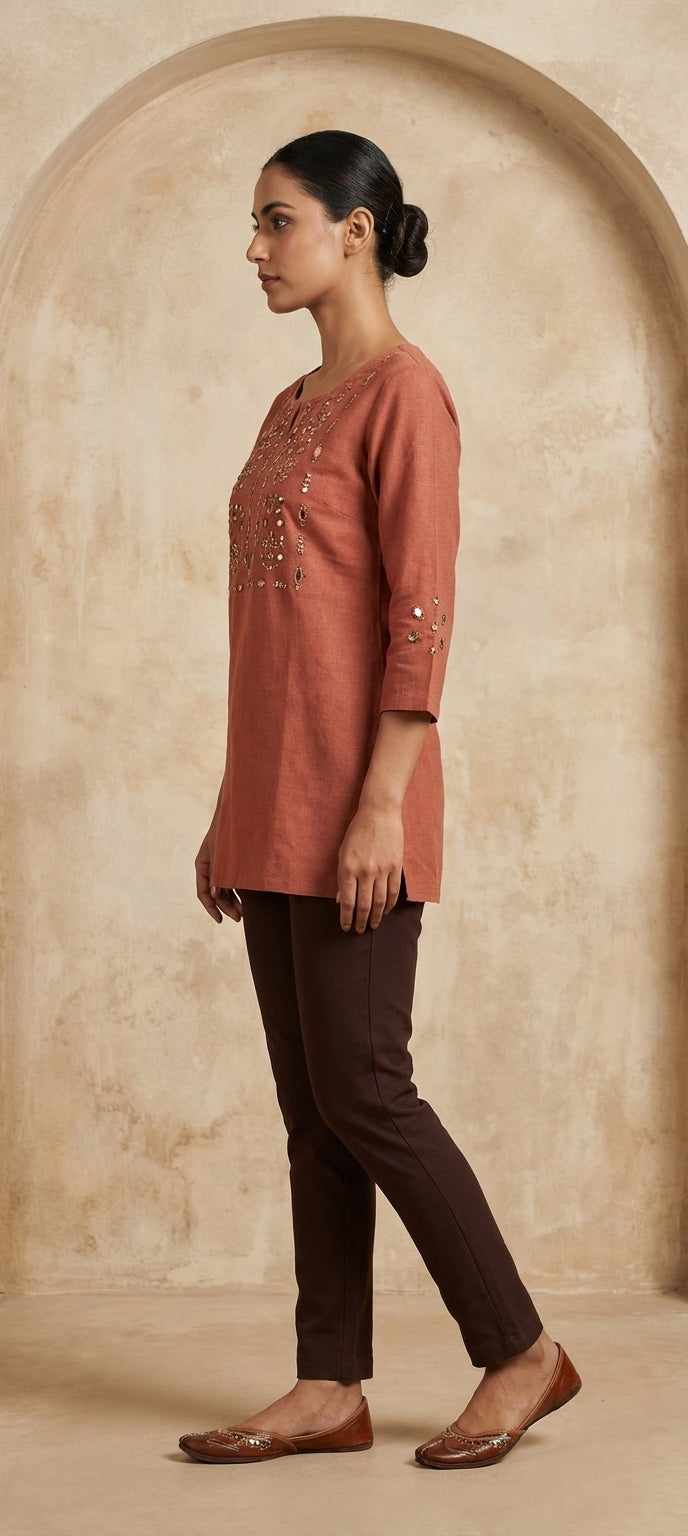 Peach Handwork Short Kurti - Onion peach