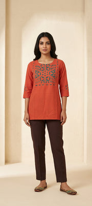Cotton Short Kurti with Peach Handwork - TOMATO RED