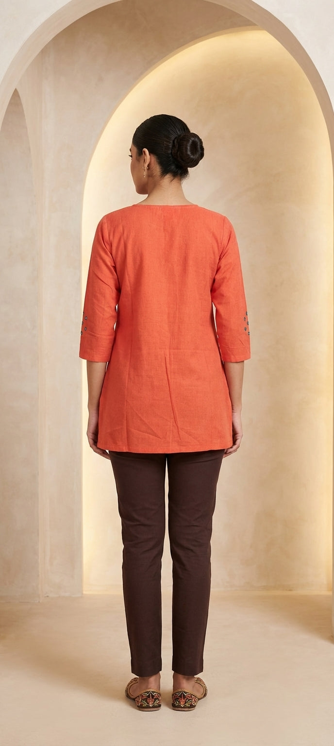 Cotton Short Kurti with Peach Handwork - TOMATO RED