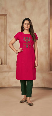 Soft Cotton Thread Embroidery Long Kurti -RANI PINK