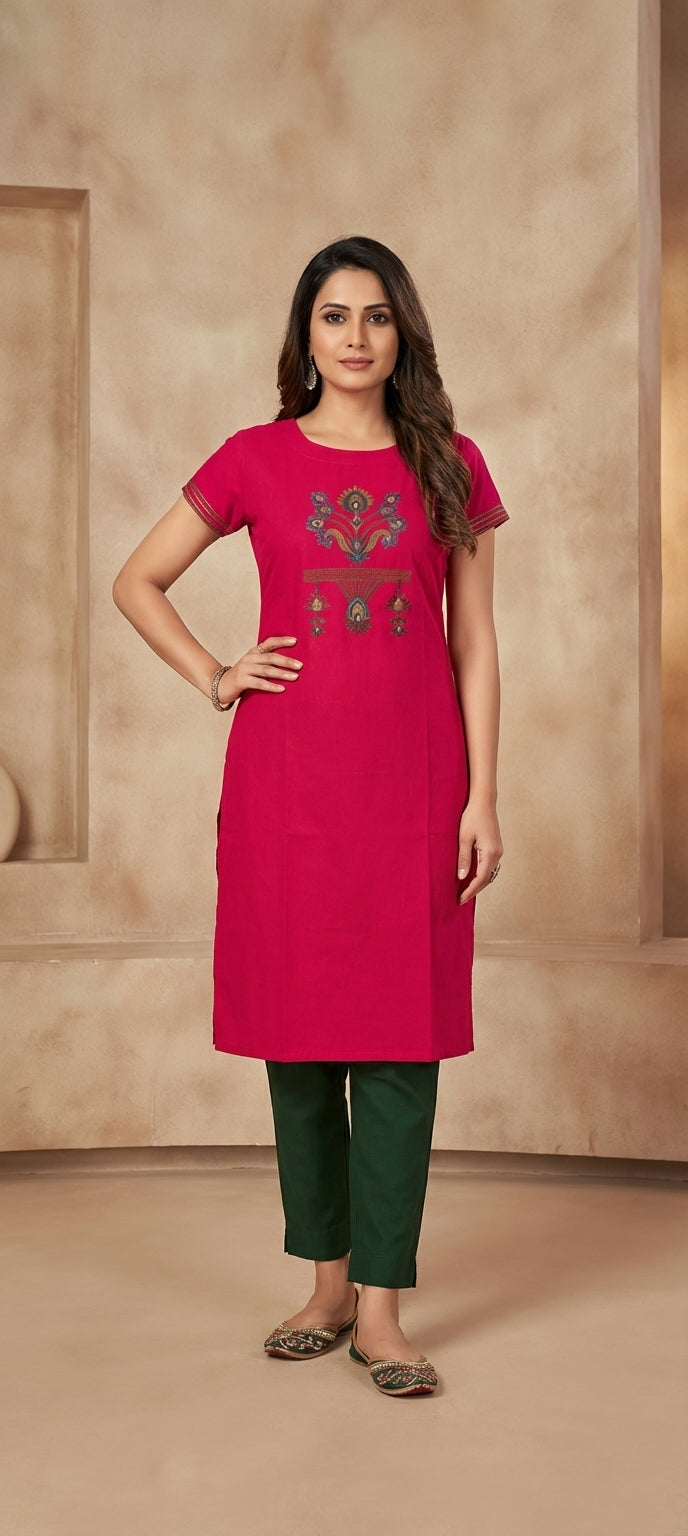 Soft Cotton Thread Embroidery Long Kurti -RANI PINK