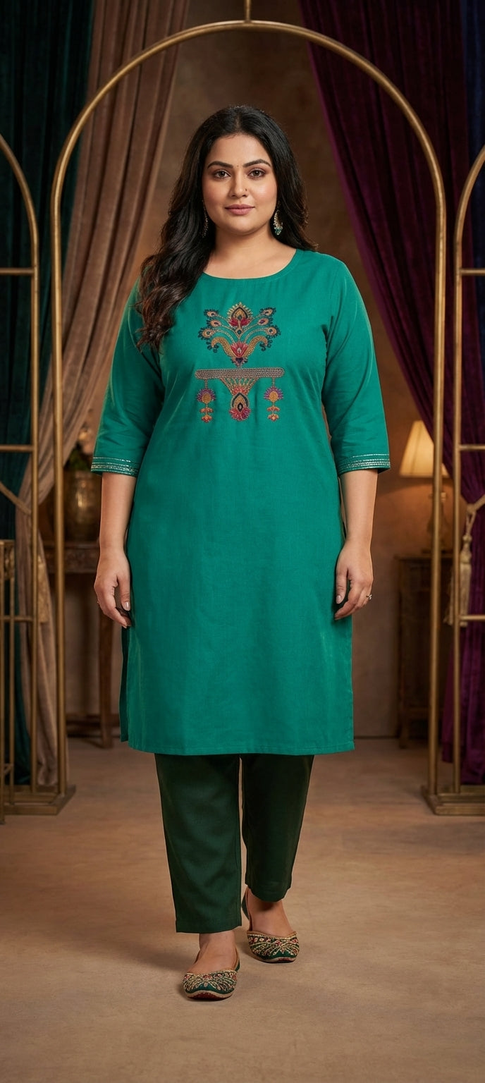 Graceful Thread Embroidered Ethnic Long Kurti -C GREEN