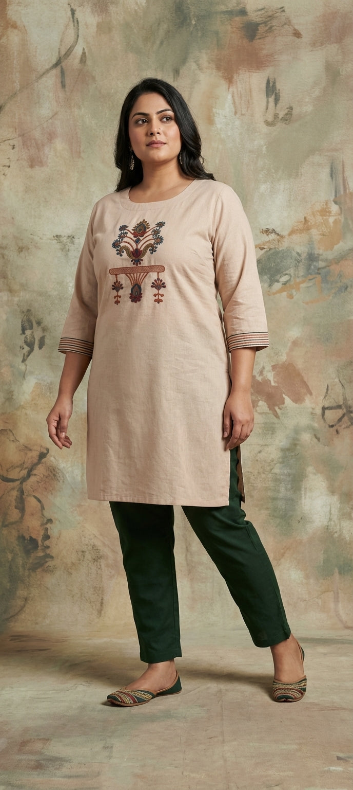 Timeless Thread Embroidered Straight Kurti - BEIGE