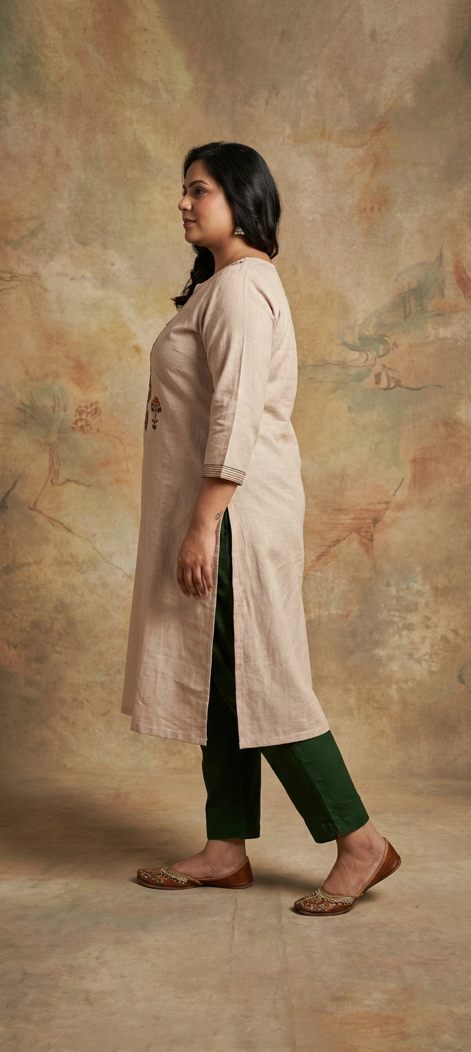 Timeless Thread Embroidered Straight Kurti - BEIGE