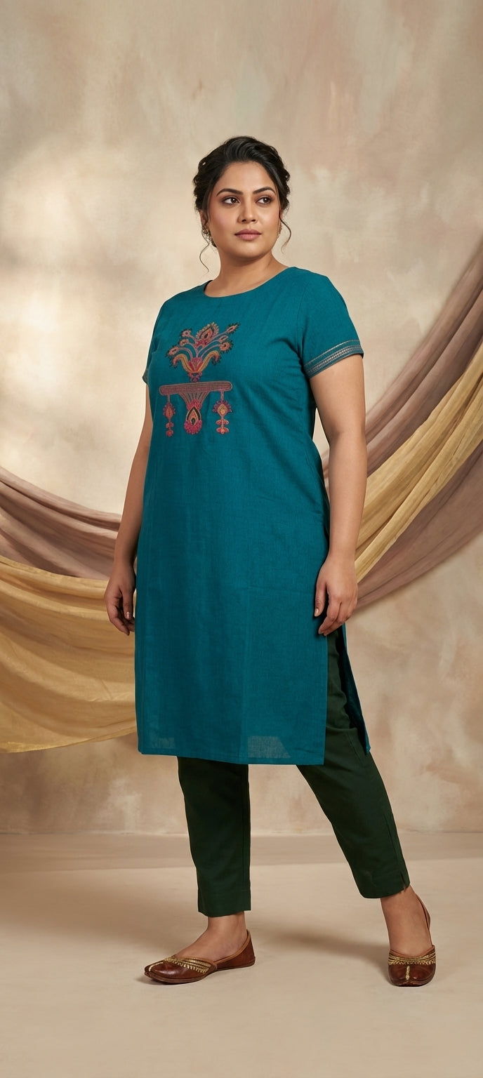 Pure Cotton Thread Embroidered Long Kurti -BLUE