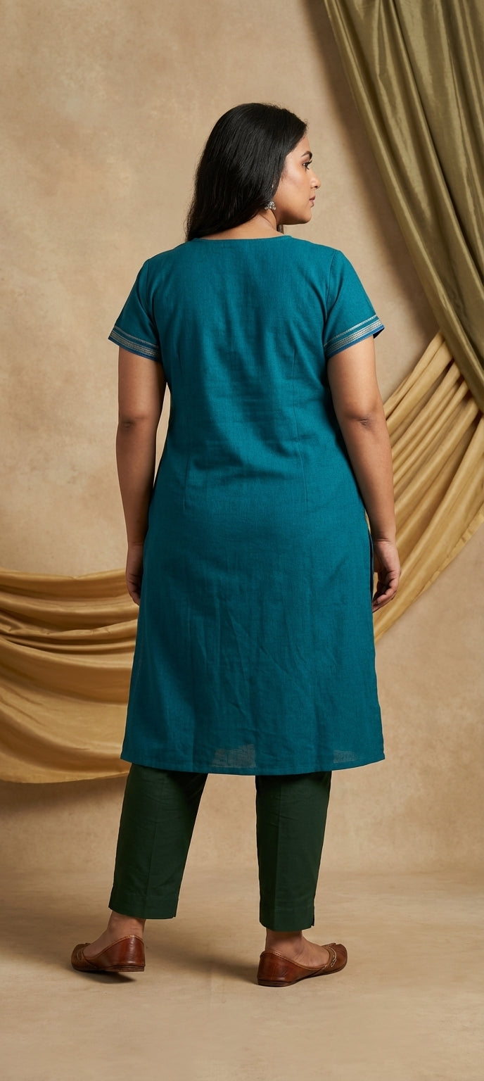 Pure Cotton Thread Embroidered Long Kurti -BLUE