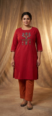 Premium Thread Embroidery Straight Long Kurti -RED