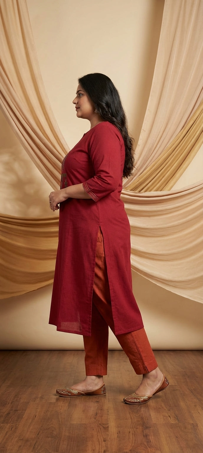 Premium Thread Embroidery Straight Long Kurti -RED