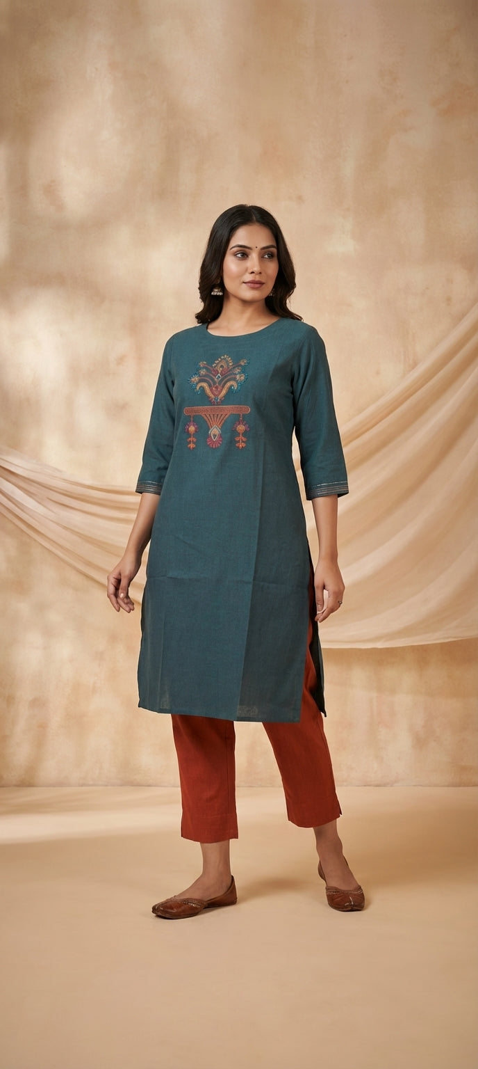 Classic Thread Work Long Kurti - TEAL