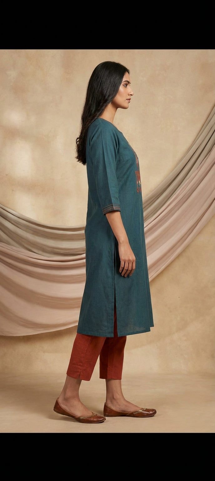 Classic Thread Work Long Kurti - TEAL