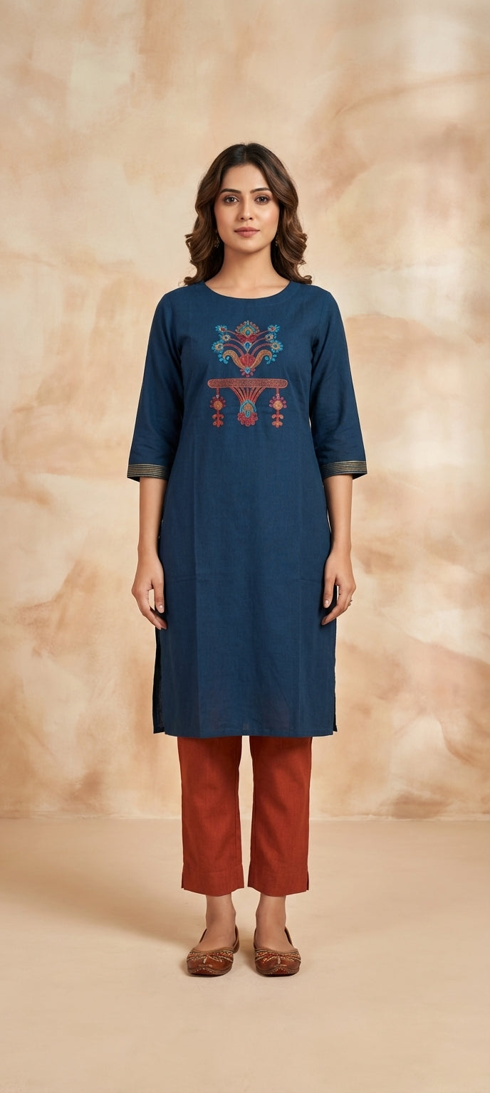 Elegant Thread Embroidered Long Kurti - ROYAL BLUE