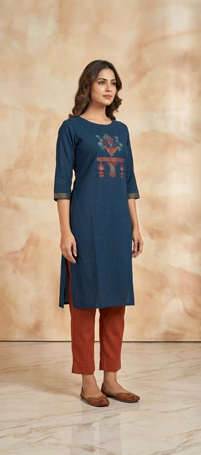 Elegant Thread Embroidered Long Kurti - ROYAL BLUE