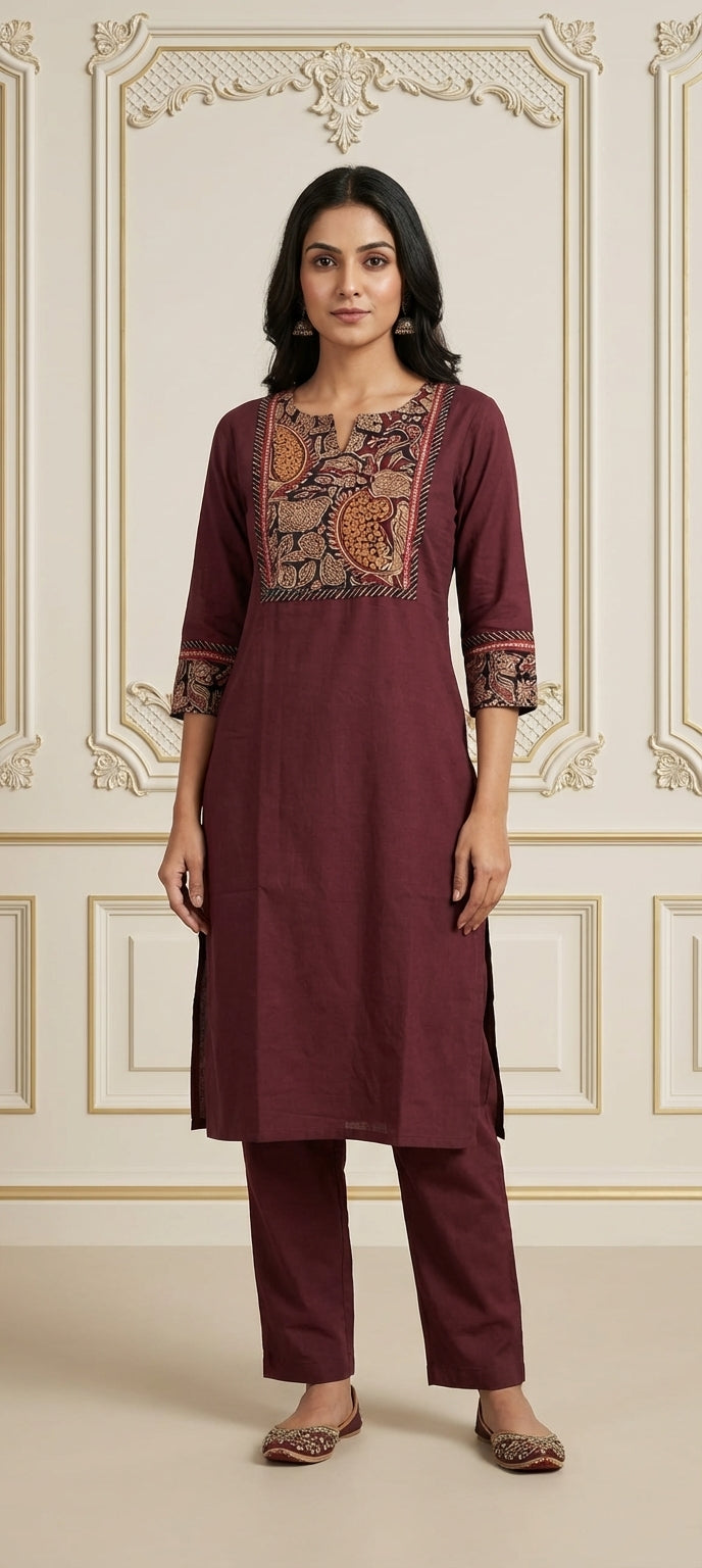 Traditional Kalamkari Panel Neck Embroidery Long Kurti Set - WINE
