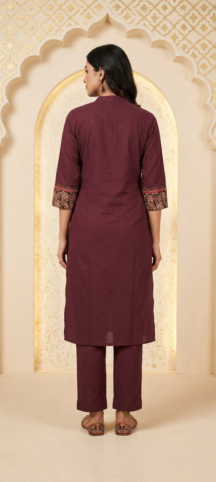 Traditional Kalamkari Panel Neck Embroidery Long Kurti Set - WINE