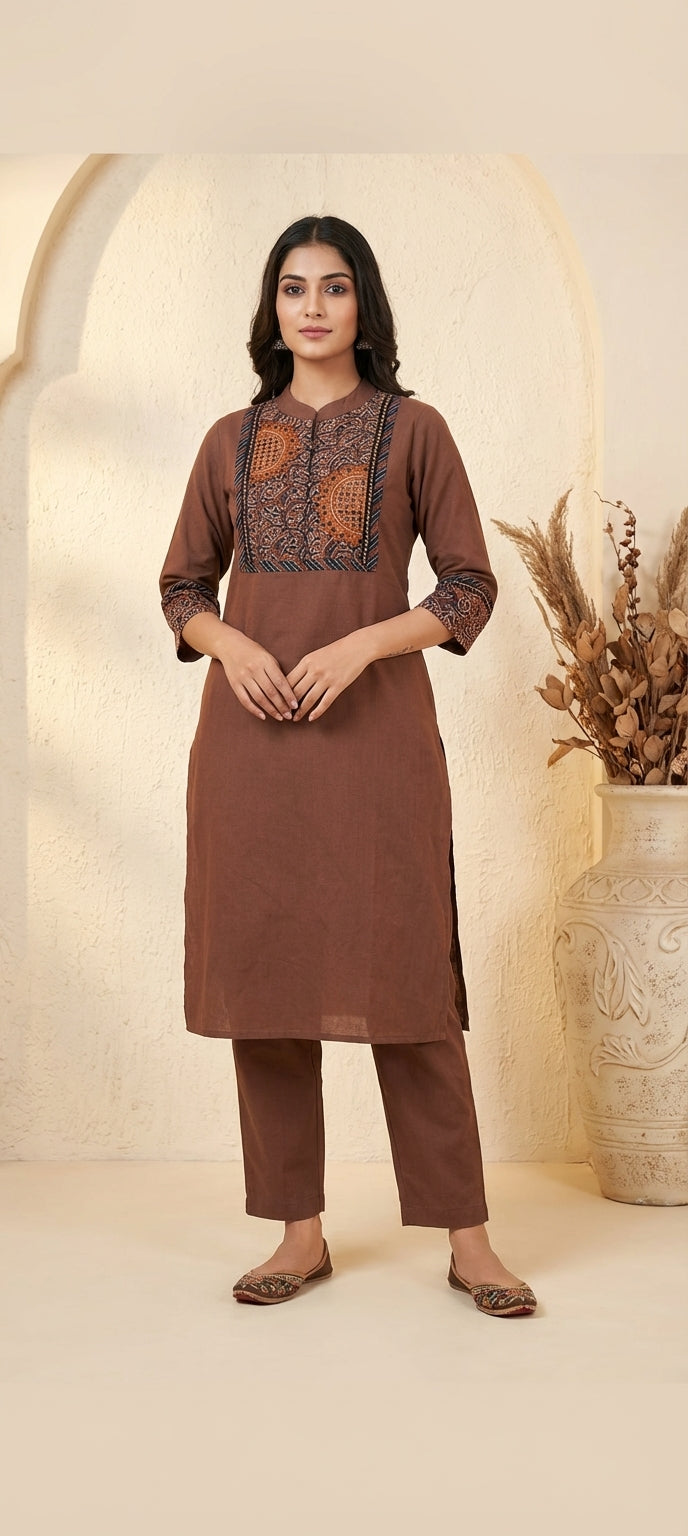 Ethnic Kalamkari Yoke Embroidered Long Kurti Set -BROWN