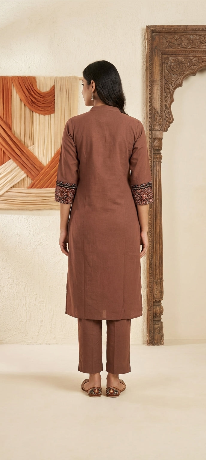 Ethnic Kalamkari Yoke Embroidered Long Kurti Set -BROWN
