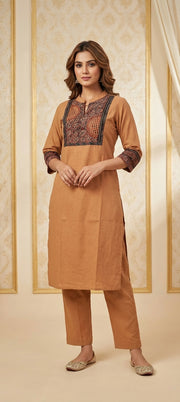 Cotton Kurti Pant Set with Kalamkari Embroidered Neck -SKIN