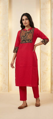 Elegant Kalamkari Neck Work Embroidered Long Kurti Pant Set -RED