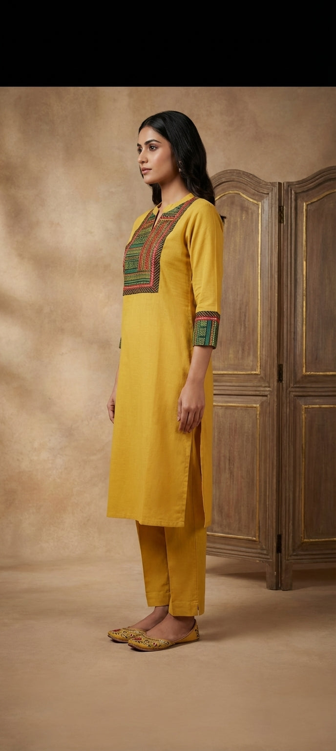 Timeless Kalamkari Embroidered Neck Kurti Pant Co-Ord Set
