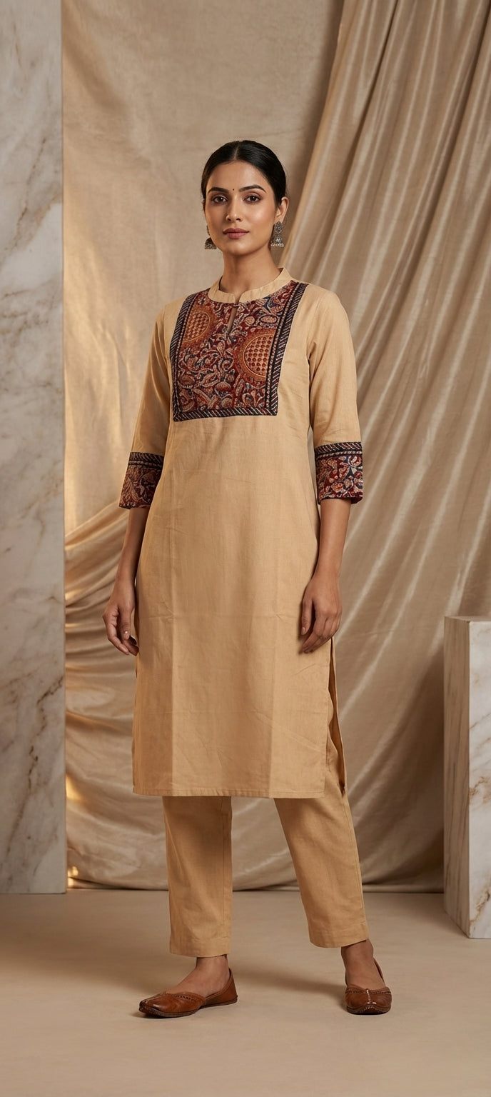 Graceful Cotton Kurti Pant Set with Kalamkari Neck Panel- BEIGE
