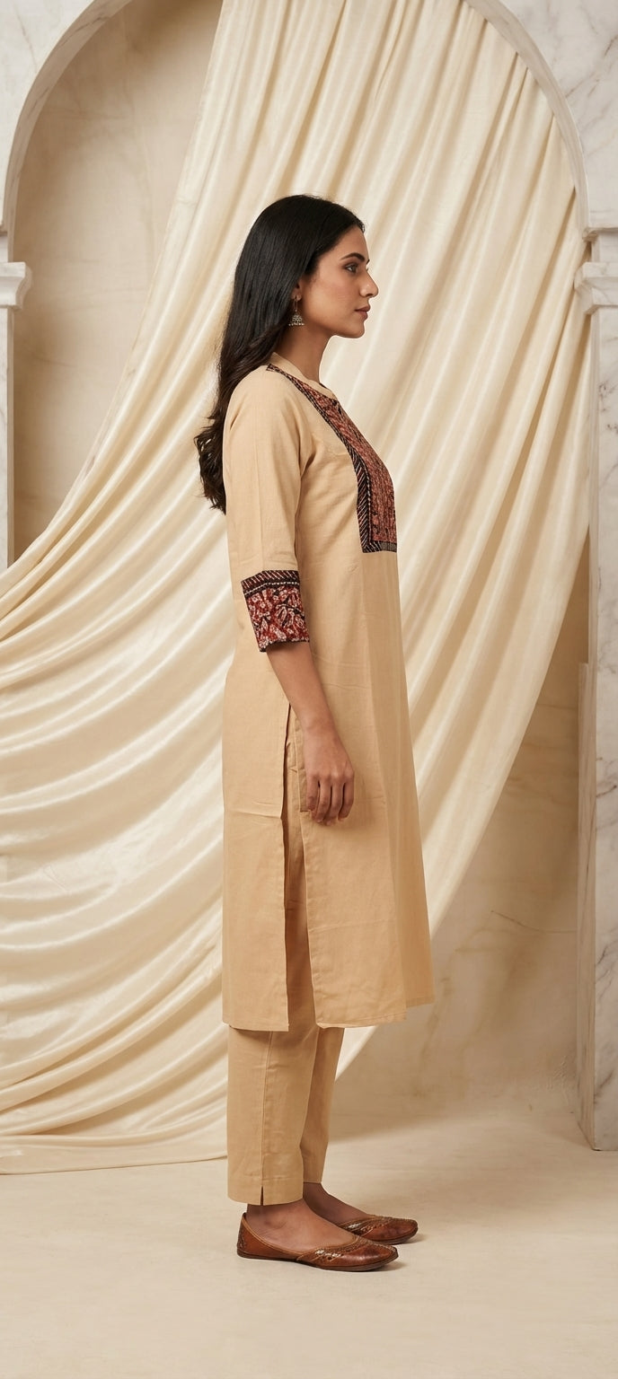 Graceful Cotton Kurti Pant Set with Kalamkari Neck Panel- BEIGE
