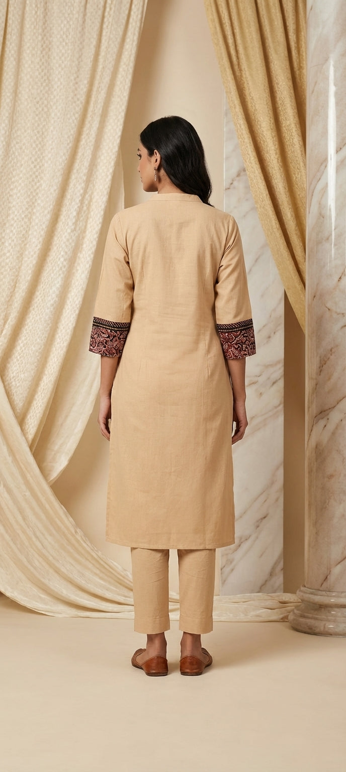 Graceful Cotton Kurti Pant Set with Kalamkari Neck Panel- BEIGE