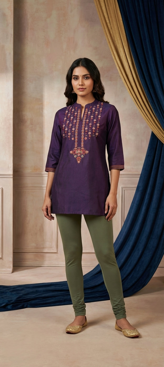 Embroidered Mirror Work Cotton Silk Short Kurti -DARK PURPLE