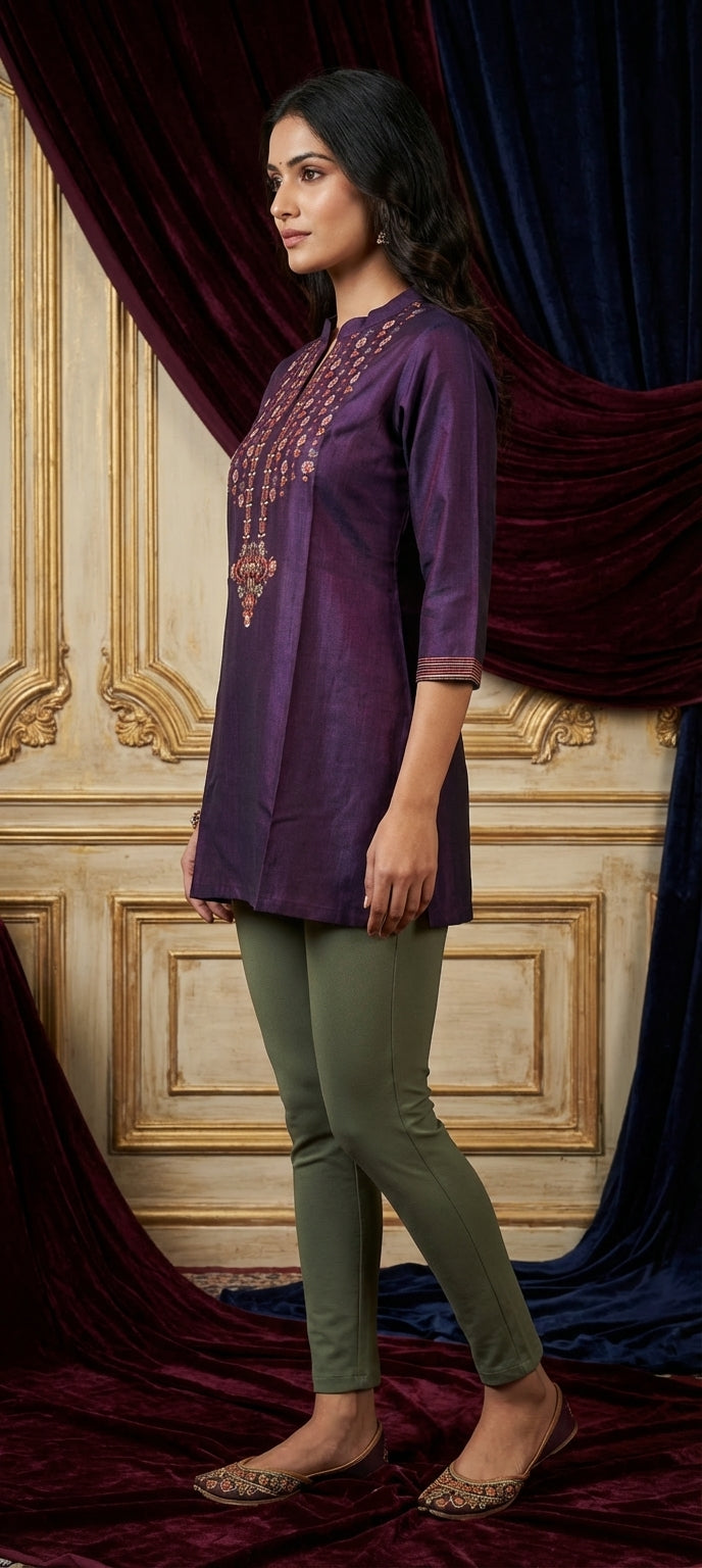 Embroidered Mirror Work Cotton Silk Short Kurti -DARK PURPLE