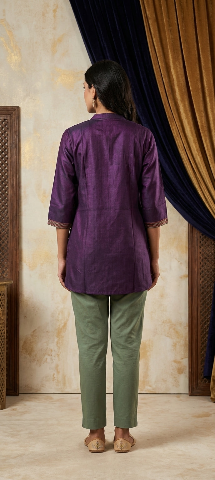 Embroidered Mirror Work Cotton Silk Short Kurti -DARK PURPLE