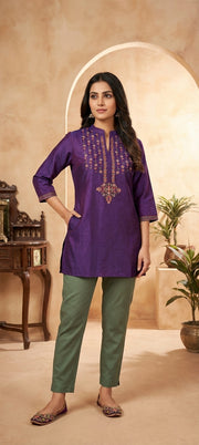 Embroidered & Mirror Work Cotton Silk Short Kurti  -PURPLE