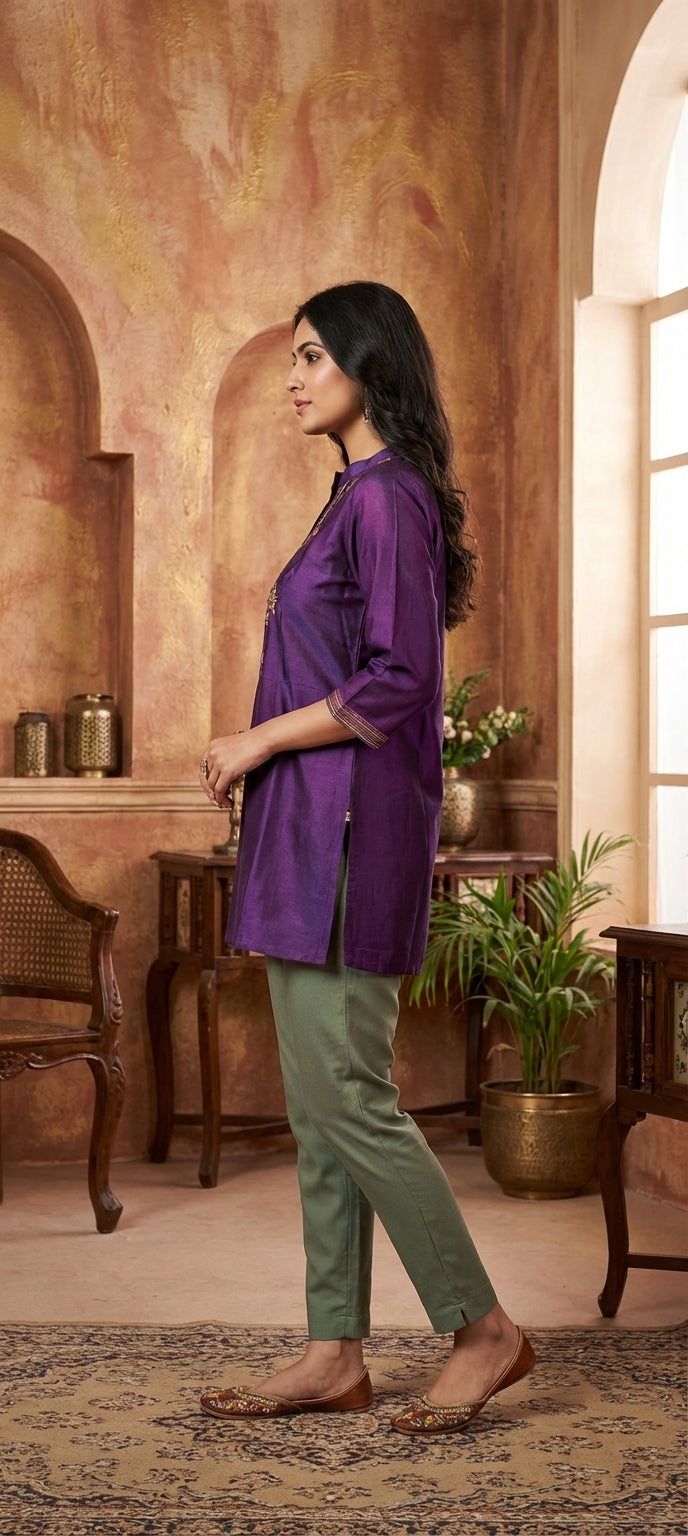 Embroidered & Mirror Work Cotton Silk Short Kurti  -PURPLE
