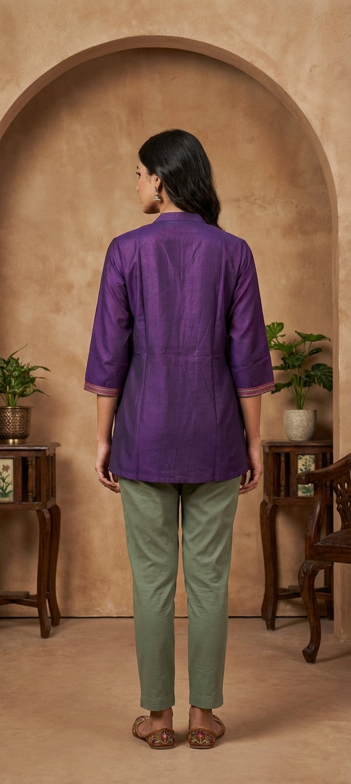Embroidered & Mirror Work Cotton Silk Short Kurti  -PURPLE