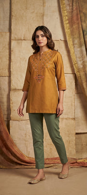 Elegant Mustard Cotton Silk Short Kurti with Neck Embroidery