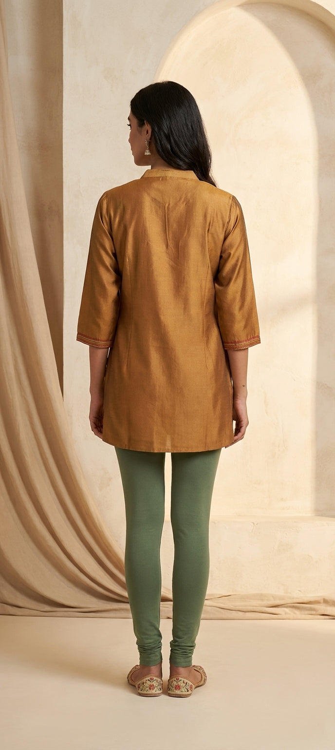 Elegant Mustard Cotton Silk Short Kurti with Neck Embroidery