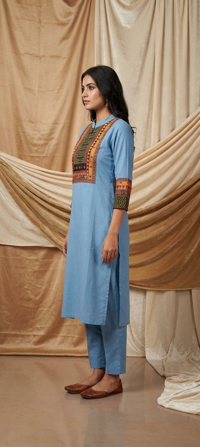 Sky Blue Cotton Kurti Pant Set with Mirror Embroidery Work