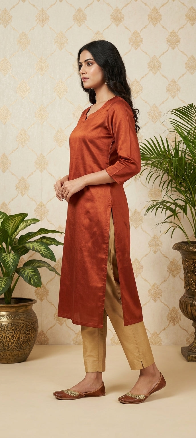 Classic Plain Rust Gaji Silk Long Kurti