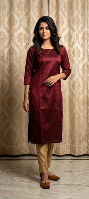Elegant Plain Gaji Silk Straight Kurti -BROWN