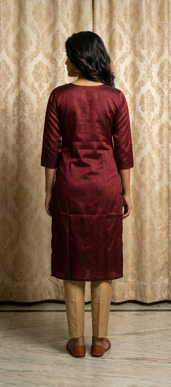 Elegant Plain Gaji Silk Straight Kurti -BROWN