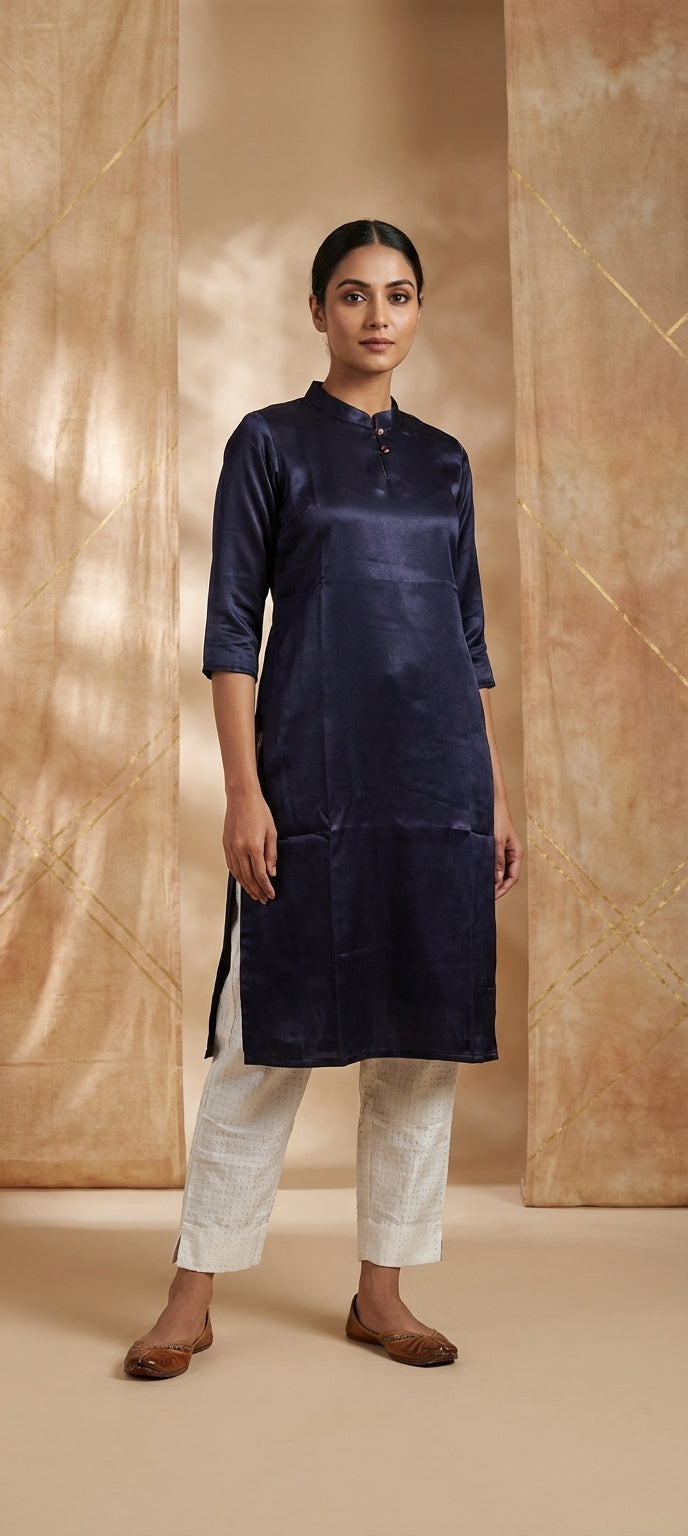 Classic Plain Gaji Silk Long Kurti for Women -DARK NAVY BLUE