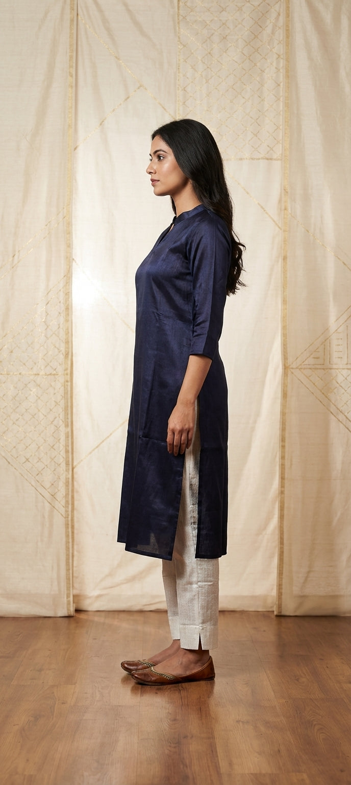 Classic Plain Gaji Silk Long Kurti for Women -DARK NAVY BLUE
