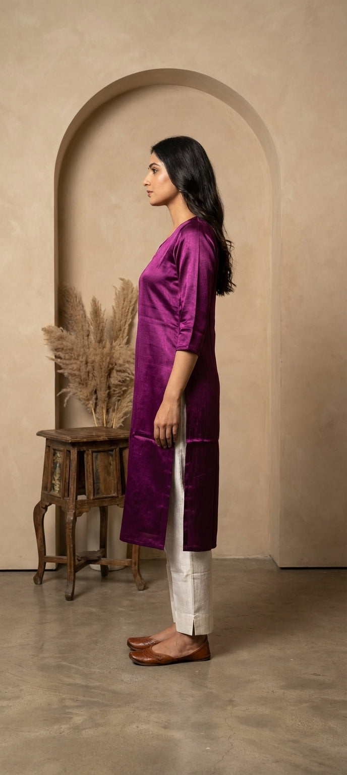 Premium Gaji Silk Plain Long Kurti -PURPLE