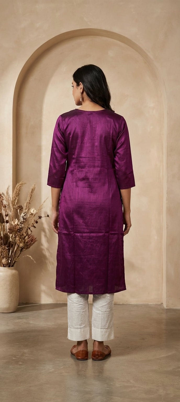 Premium Gaji Silk Plain Long Kurti -PURPLE