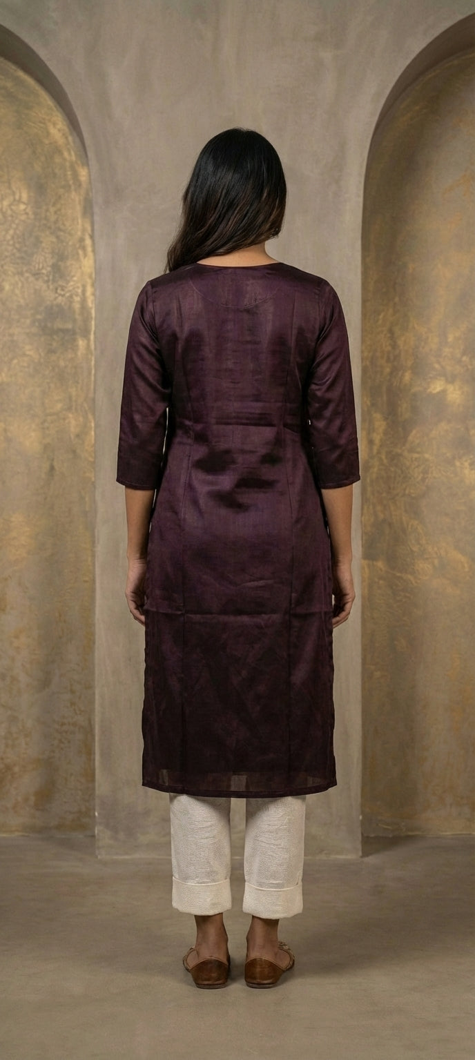 Women’s Solid Gaji Silk Ethnic Long Kurti -WINE