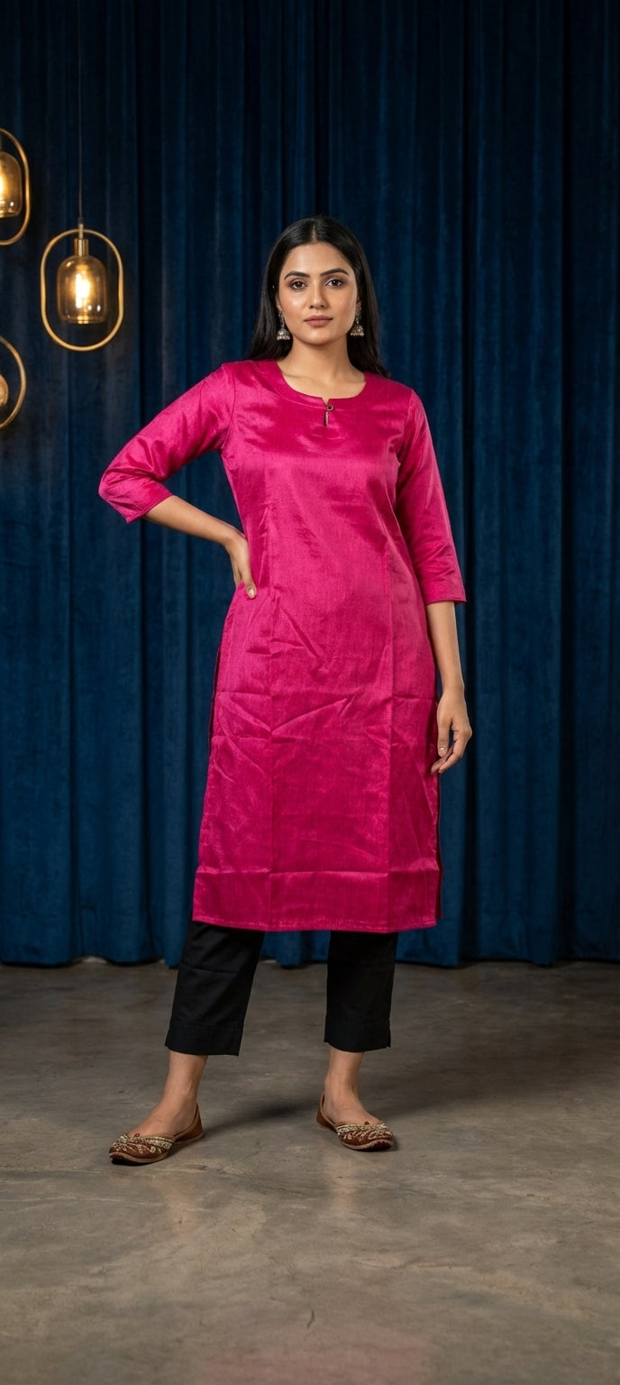 Elegant Solid Gaji Silk Long Kurti - LIGHT PINK