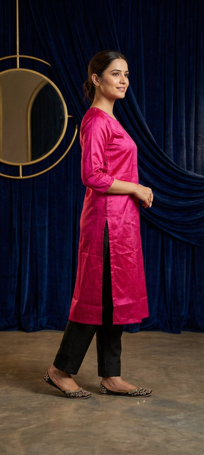 Elegant Solid Gaji Silk Long Kurti - LIGHT PINK