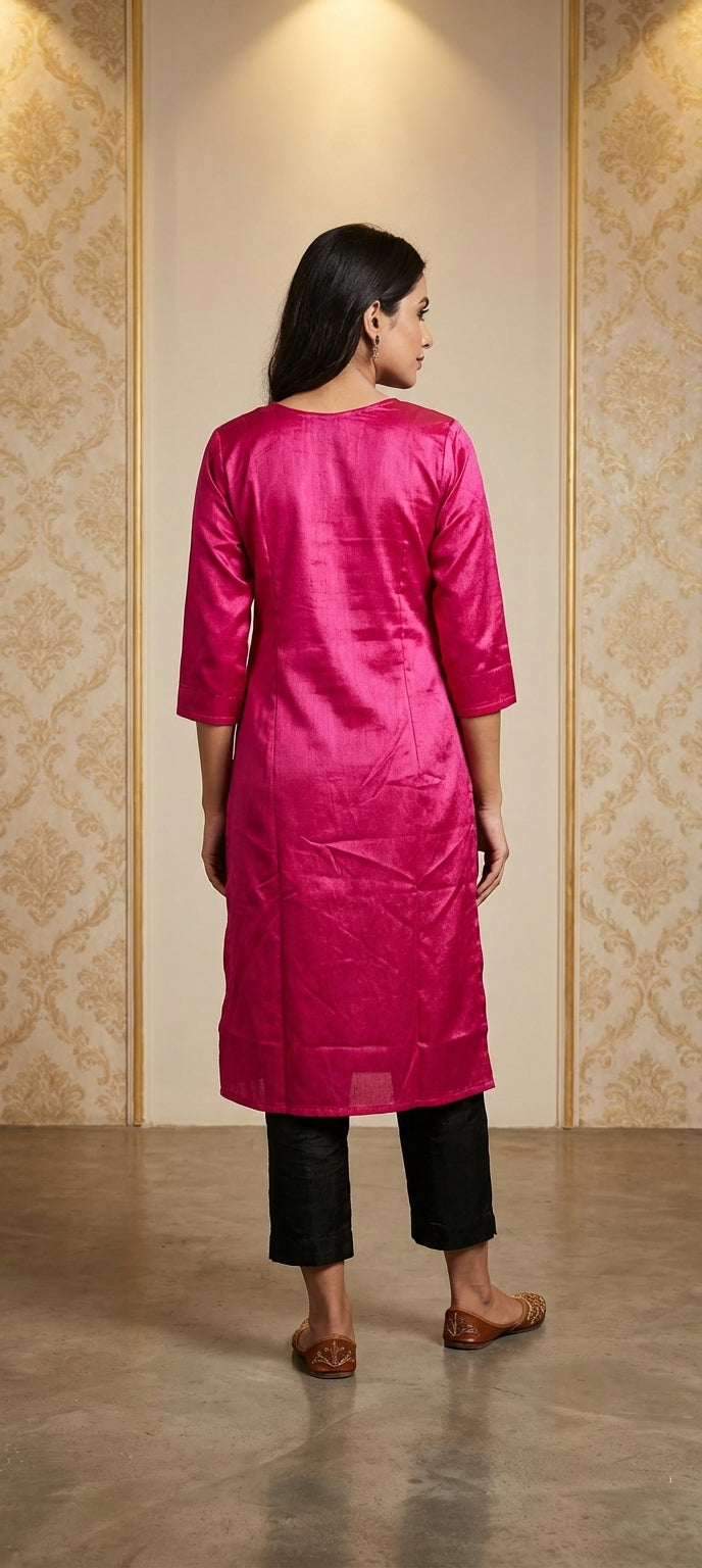 Elegant Solid Gaji Silk Long Kurti - LIGHT PINK