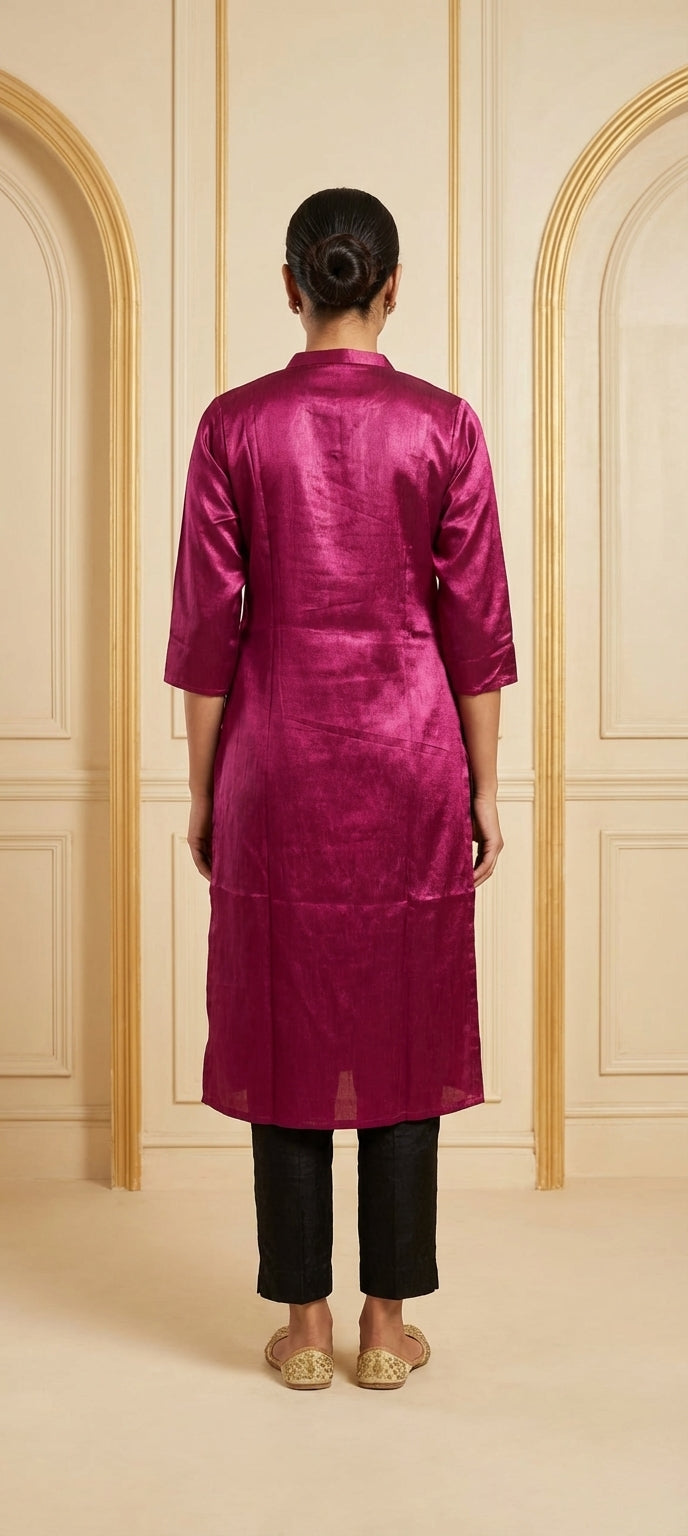 Timeless Solid Gaji Silk Long Kurti for Women -RANI PINK