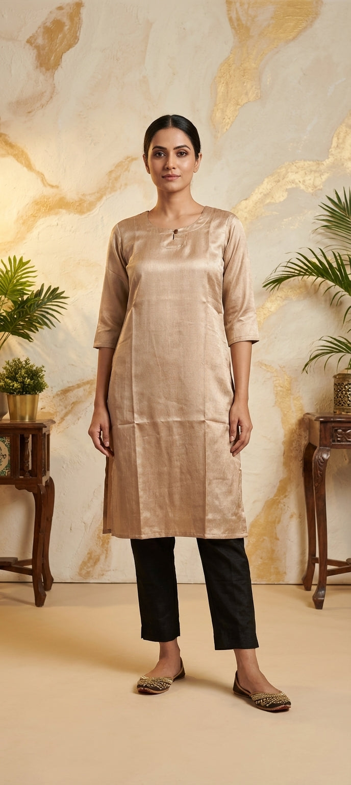 Premium Gaji Silk Plain Long Kurti -CREAM