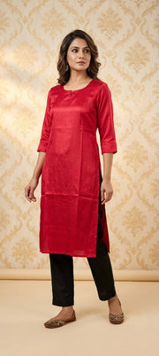 Elegant Plain Gaji Silk Straight Kurti -RED