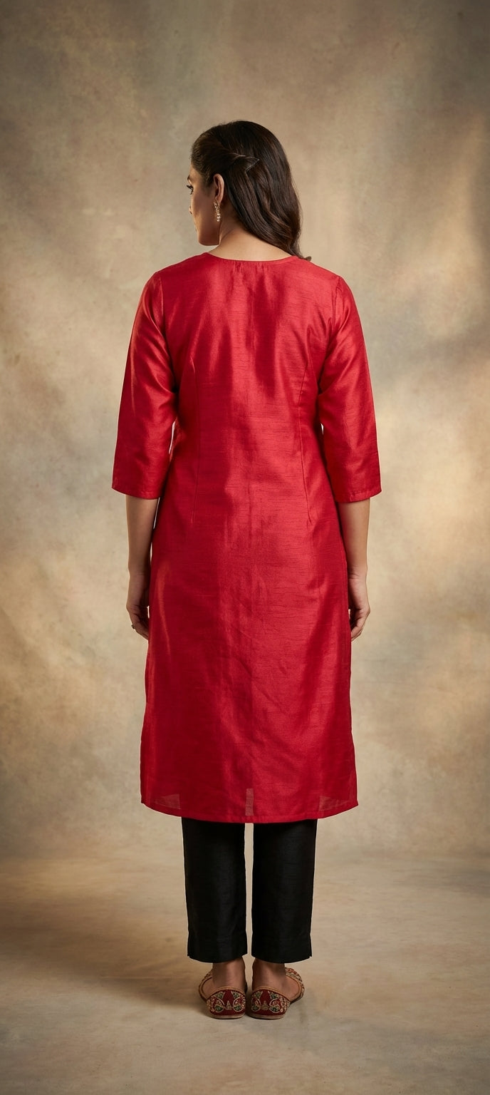 Elegant Plain Gaji Silk Straight Kurti -RED